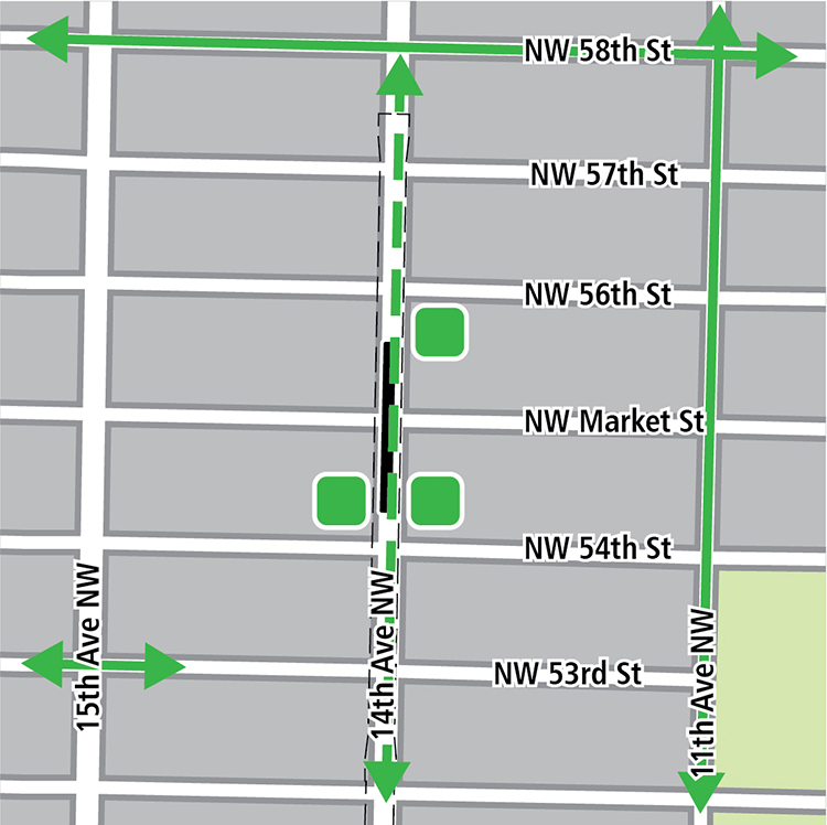 Mapa con rectángulo negro que indica la ubicación de la estación en 14th Avenue Northwest, líneas verdes que indican las ciclovías existentes, líneas verdes discontinuas para las ciclovías planeadas y cuadros verdes que indican áreas de almacenamiento de bicicletas.